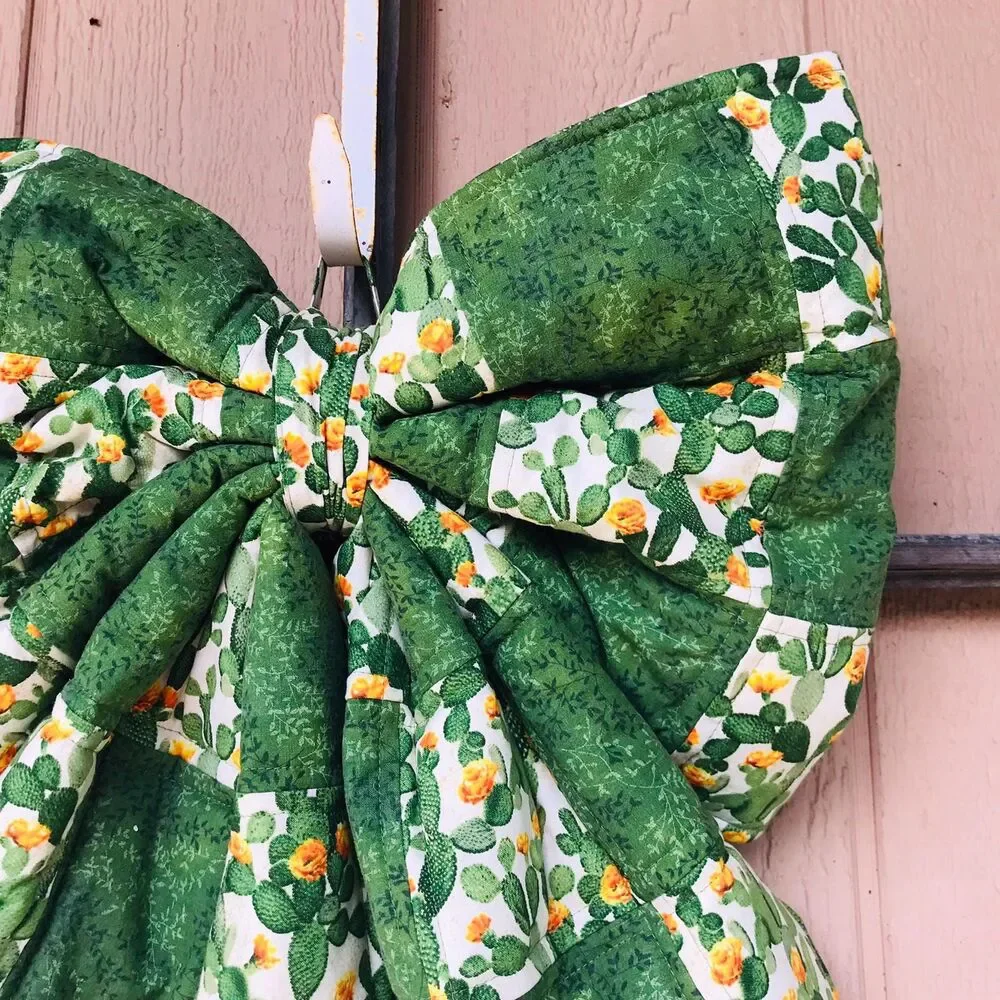 Giant Large Quilted Door Bow, Seasonal, Oversized Fabric Bow Southwestern Cactus